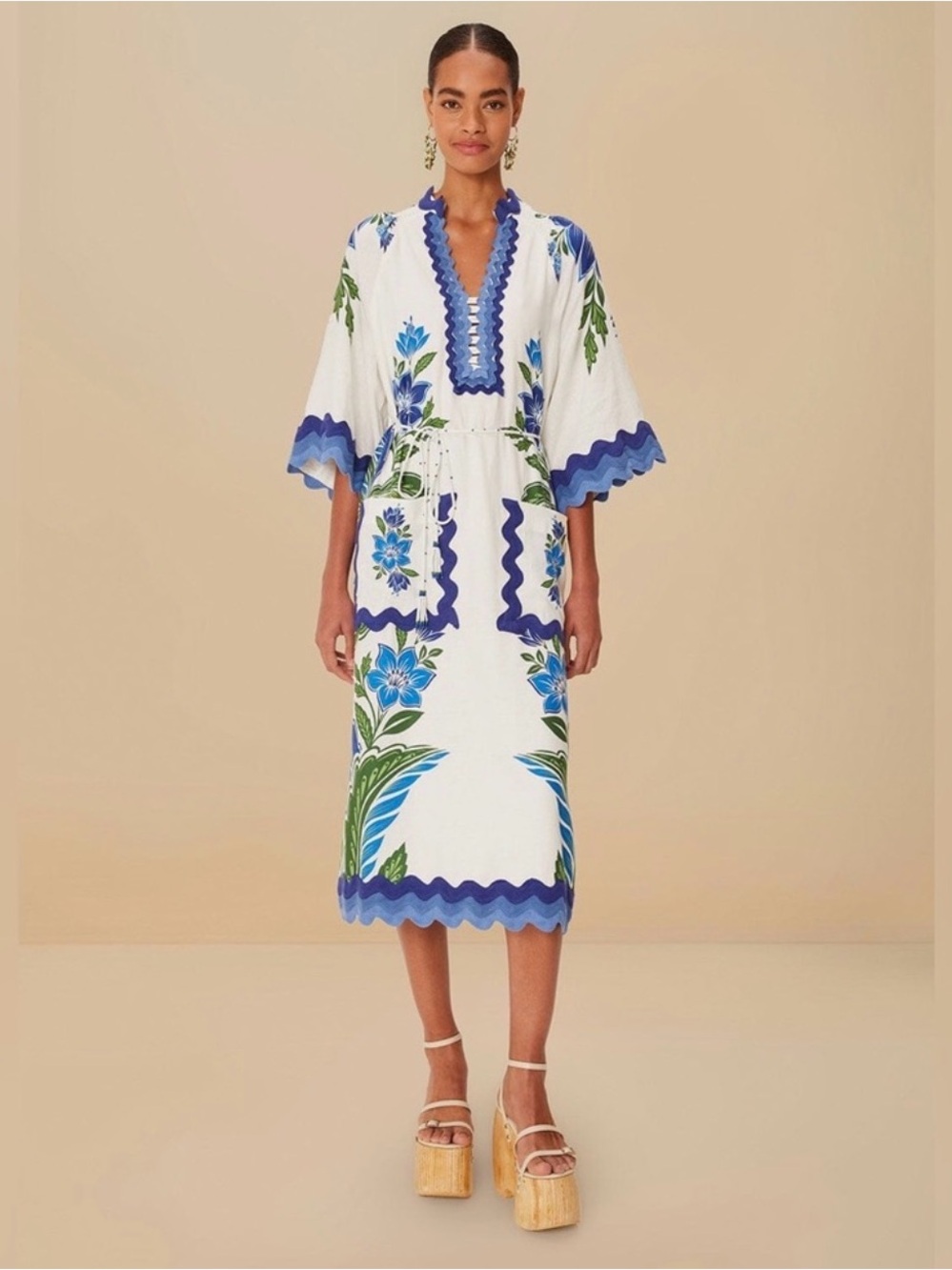 FARM Rio White Midi Dress with Blue and Green Floral Trim